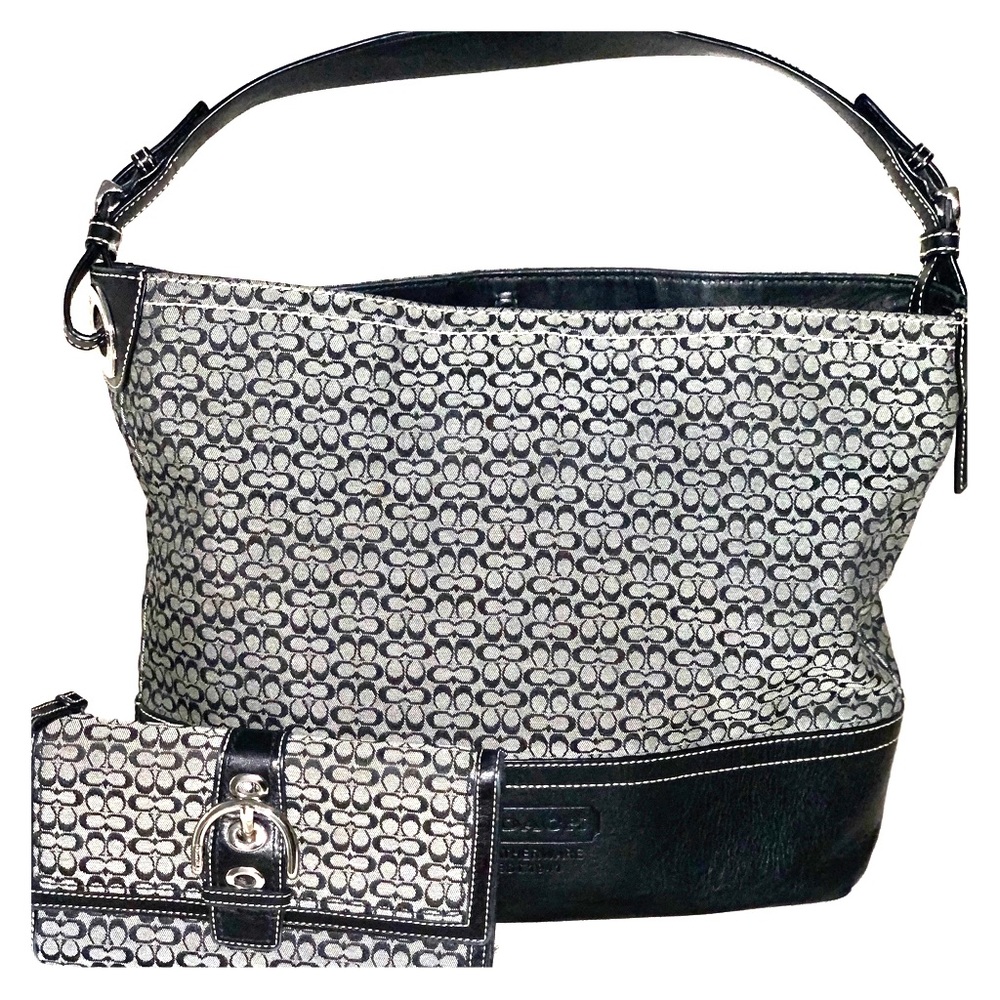 Coach Signature Black & Grey Bag w/Matching Wallet